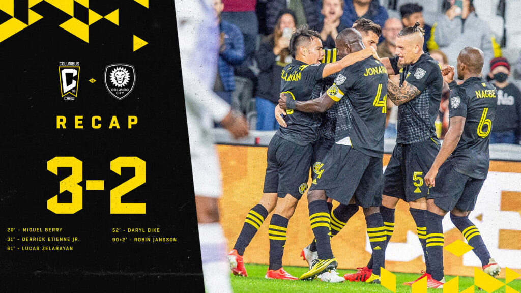 Columbus Crew 3-2 win game recap poster featuring Lucas Zelarayan vibrant yellow black wallpaper