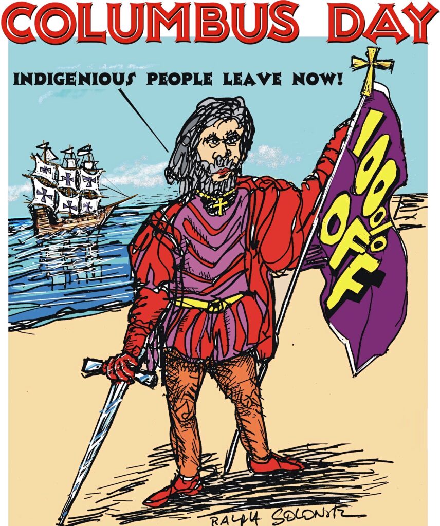 Columbus Day comic art with Columbus landing holding 100 percent off flag and Spanish ship background Wallpaper