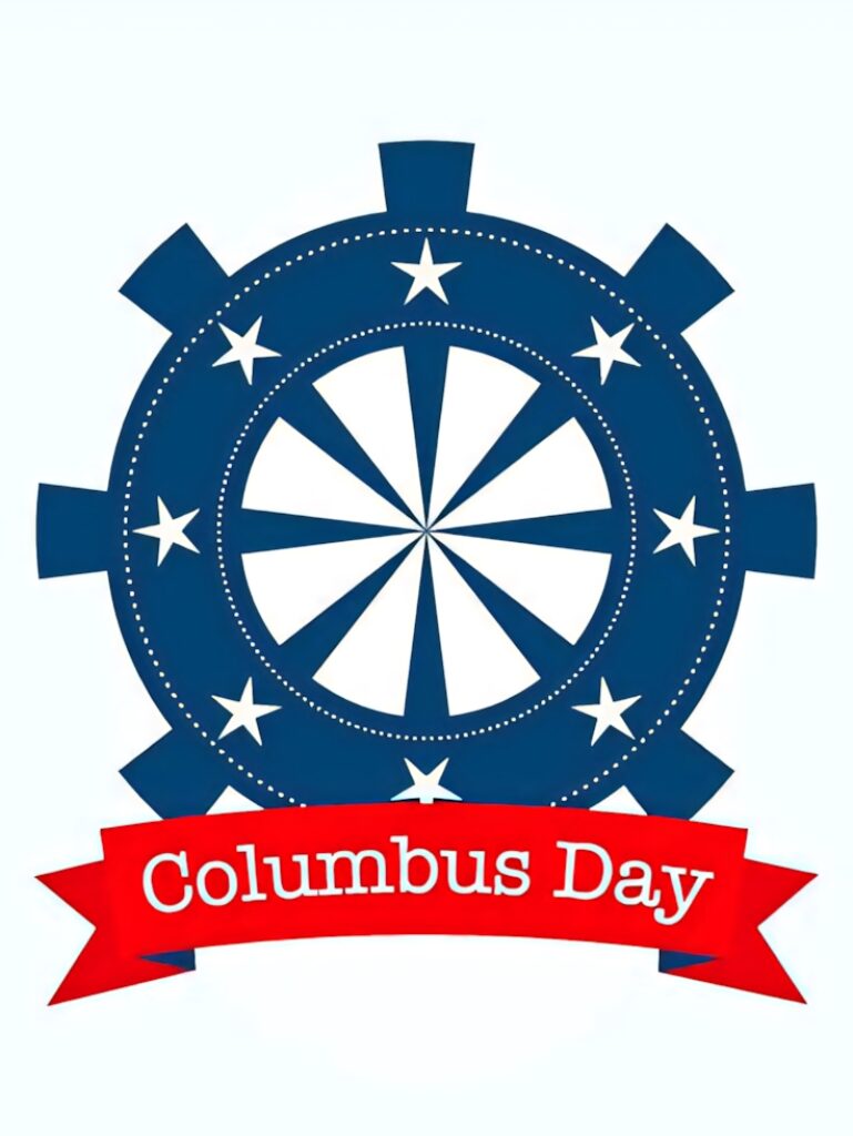 Bold blue ship wheel with white stars and red Columbus Day ribbon nautical wallpaper background