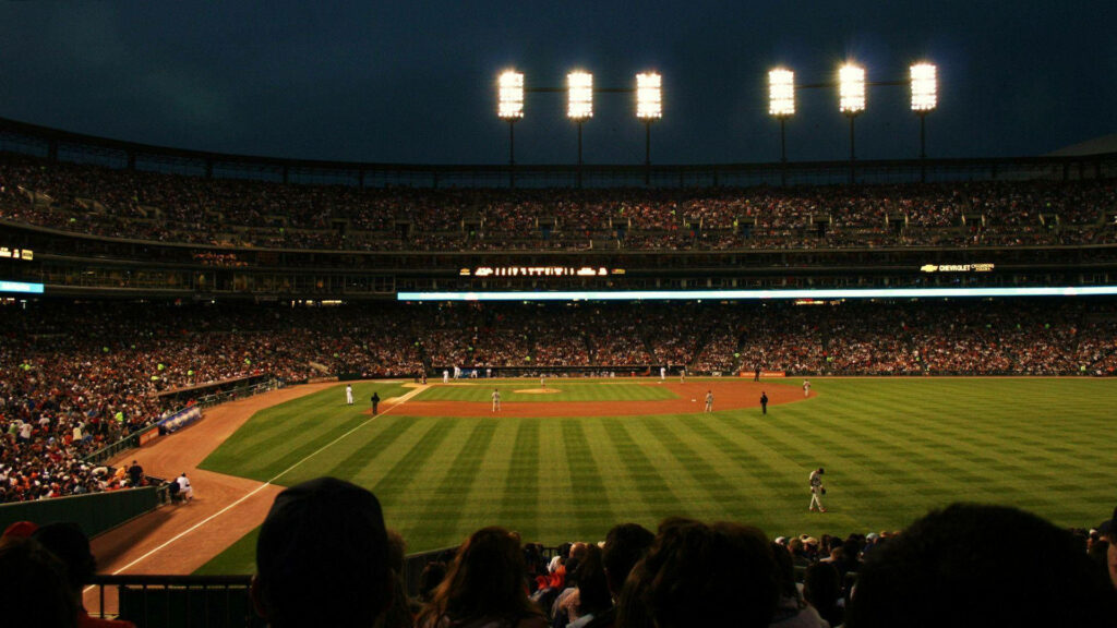Comerica Park Detroit Tigers packed stadium evening lights baseball green field wide-angle view Wallpaper