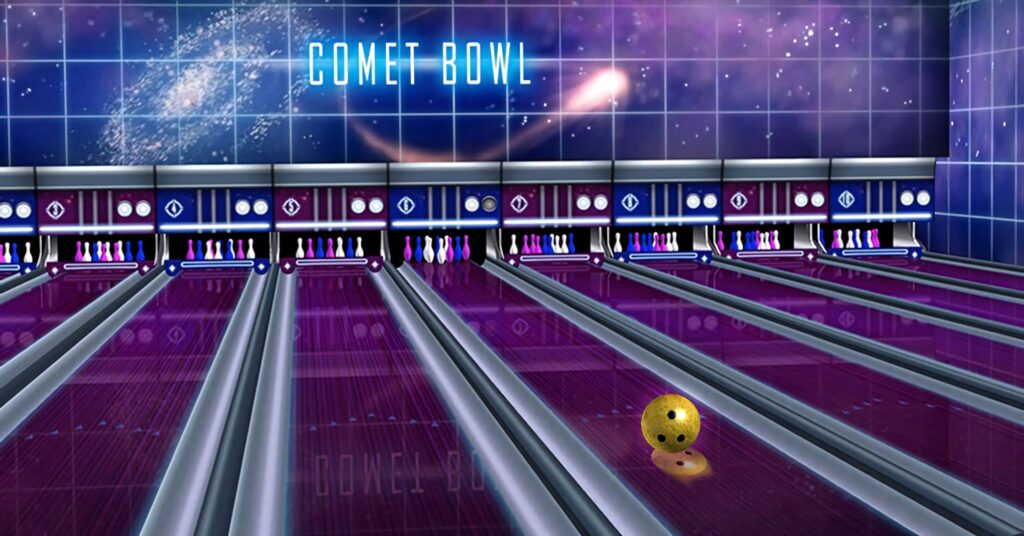 Futuristic neon bowling alley with gold ball striking colorful pins cosmic galaxy backdrop Wallpaper