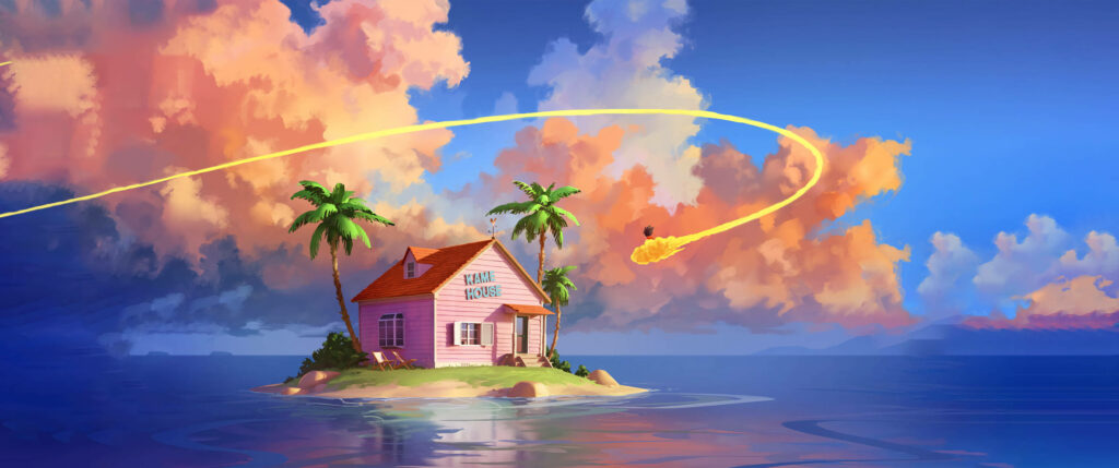 Enchanting Island Extraterrestrial Encounter: Captivating  Ultra-Wide 4k Illustration Wallpaper