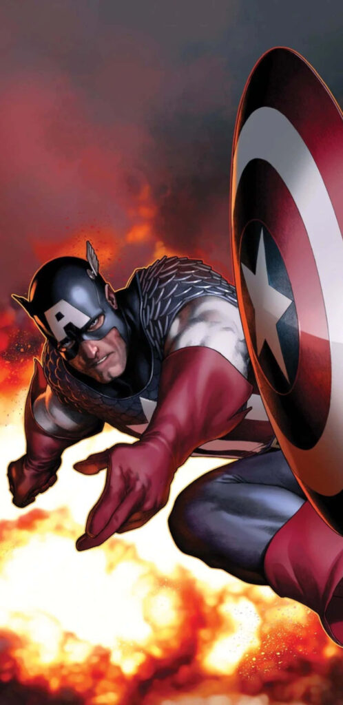 Explosive Heroics: Captain America's Epic Shield Throw amidst Chaos Wallpaper