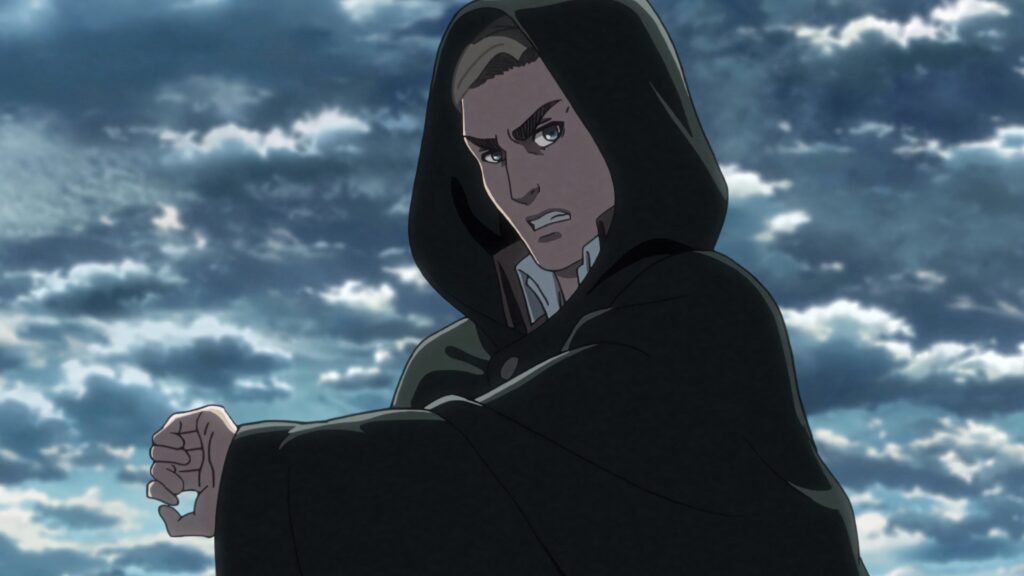Commander Erwin Smith standing determined in Survey Corps cloak under dramatic clouded sky wallpaper