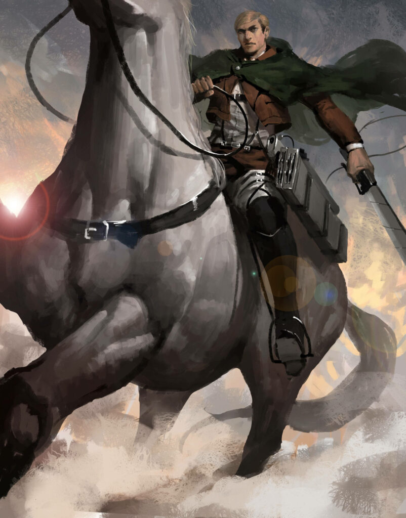 Commander Erwin Smith riding horse in battle with swirling dust Attack on Titan wallpaper background