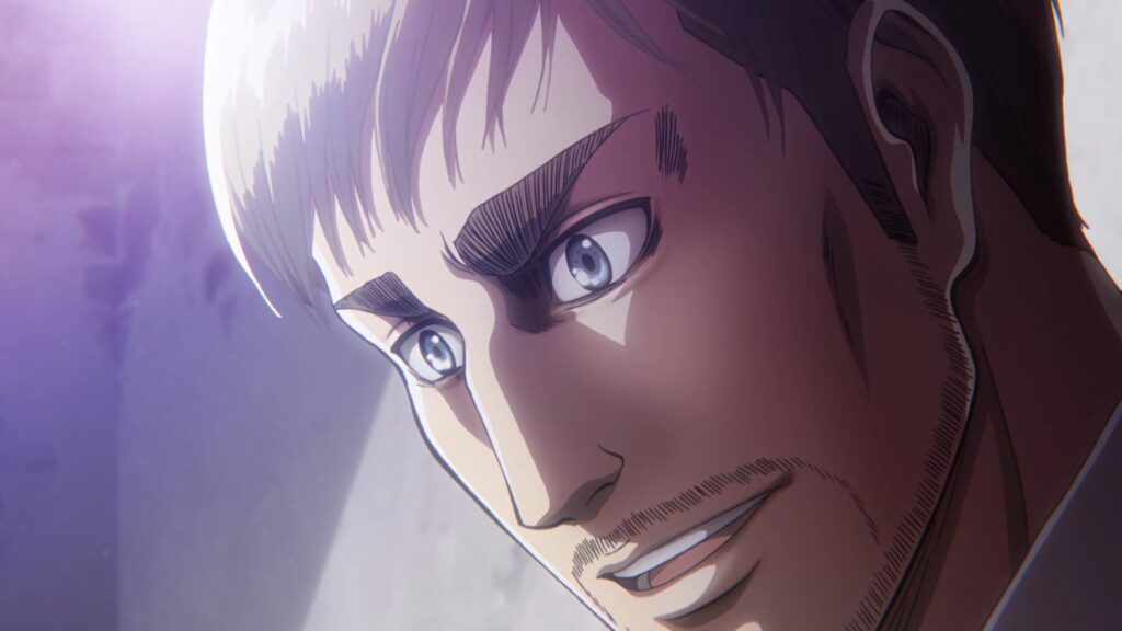 Commander Erwin Smith wallpaper anime art with determined gaze and dramatic purple lighting background