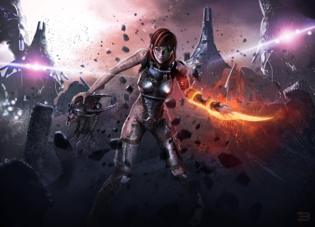 Commander Shepard 4K wallpaper holding enemy head and fiery Omni-blade with Reaper ships