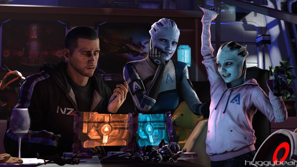 Commander Shepard Liara T'Soni with Asari child futuristic toys glowing holographic tech Mass Effect Wallpaper