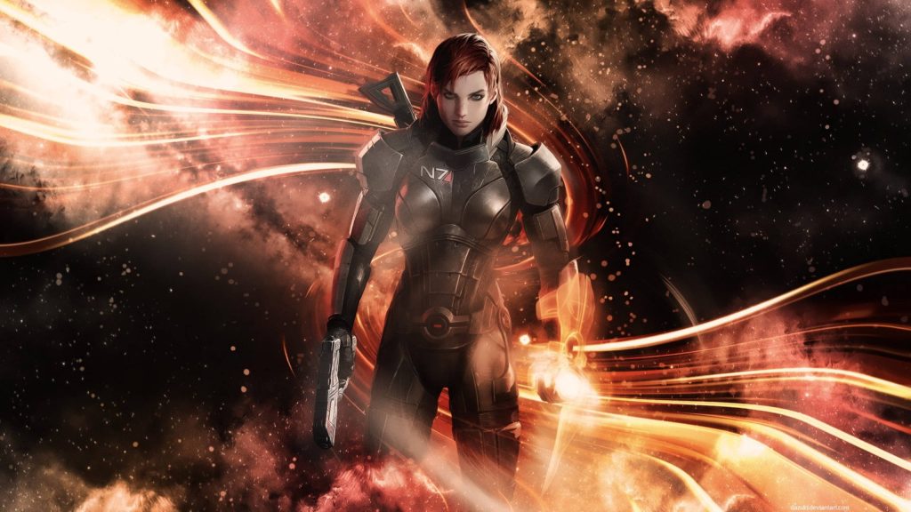 Commander Shepard in N7 armor with sidearm and glowing biotics against fiery space nebula wallpaper