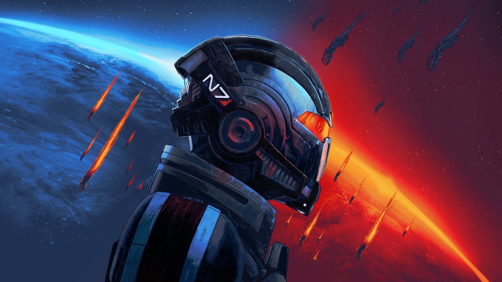 Commander Shepard N7 helmet side view with Earth and fiery Reaper battle sky Mass Effect wallpaper