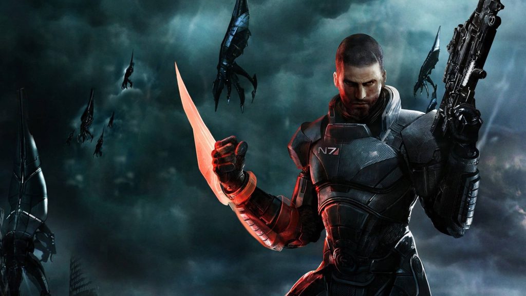 Commander Shepard in N7 armor with omni-blade and firearm facing Reapers under stormy sky Wallpaper