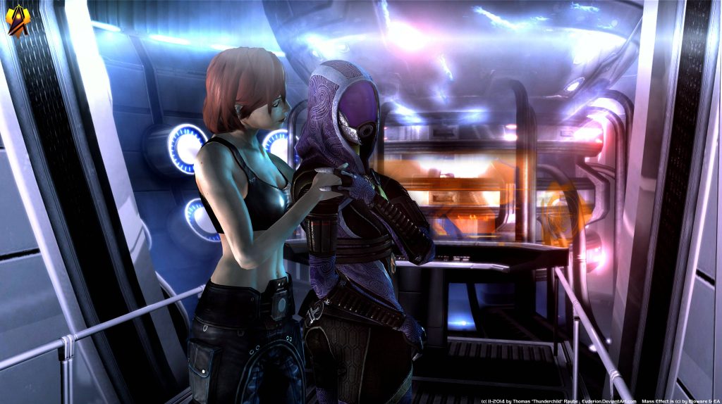Commander Shepard and Tali Zorah in cinematic Normandy scene 4K digital art wallpaper