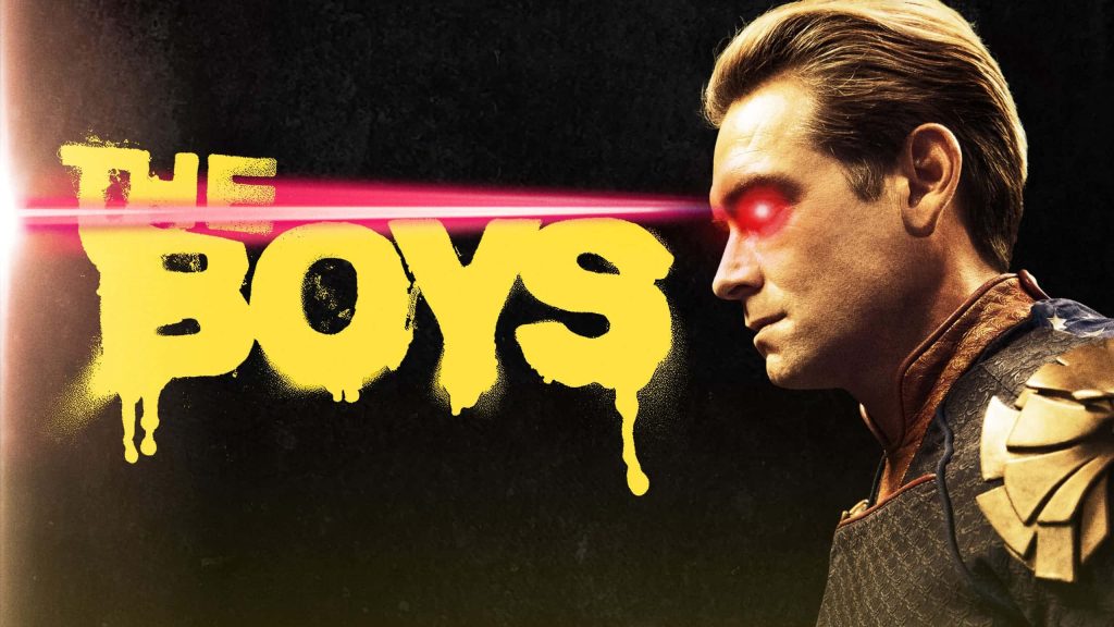 Homelander from The Boys profile with red laser eyes and dripping yellow logo on dark background Wallpaper
