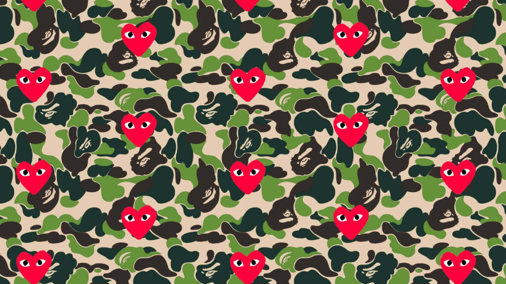 Edgy Comme Des Garçons Red Hearts Camouflage Wallpaper Background