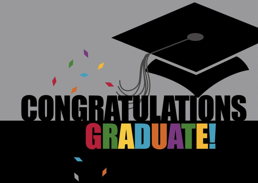 Celebrate Success: A Vibrant Graduation Design Embellished with Confetti, Graduation Cap Icon, and Colourful Typography Wallpaper