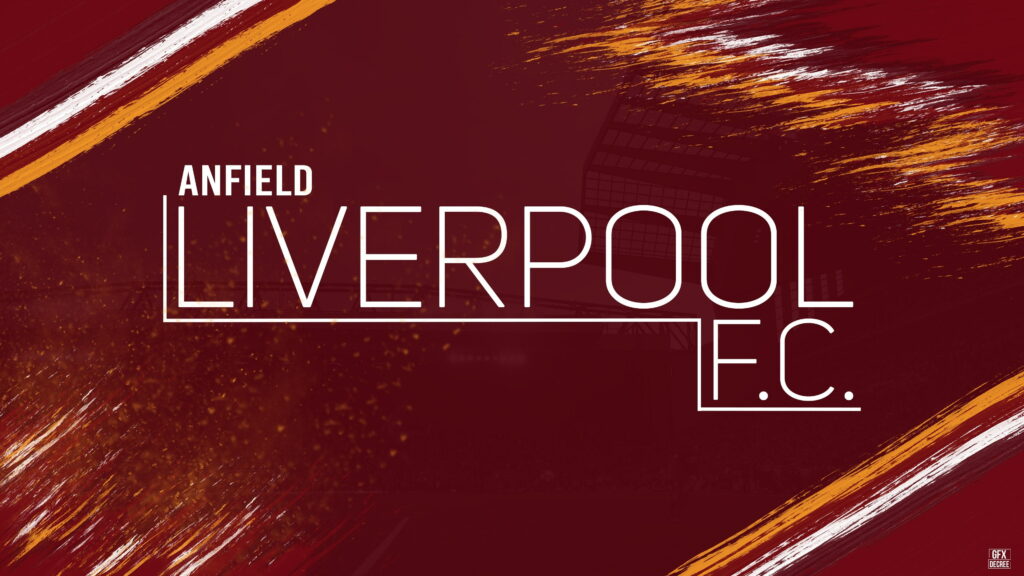 4K Liverpool FC Anfield stadium wallpaper with deep red brush strokes and minimalist typography