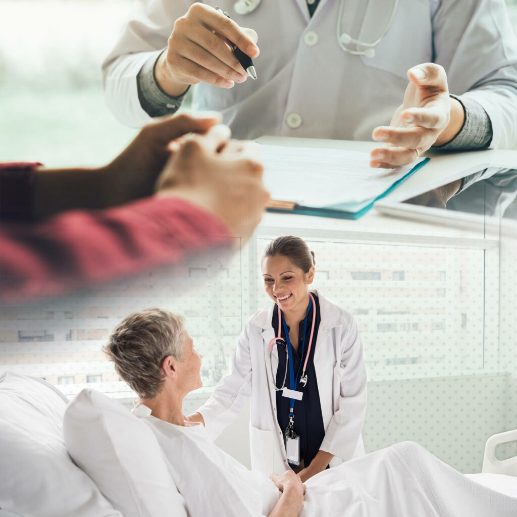 Compassionate female doctor comforting patient with signed medical papers in calming soft light Wallpaper