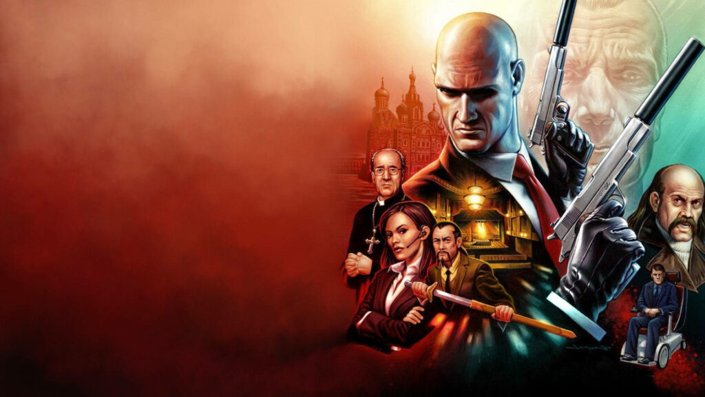 Dynamic Showcase of Hitman Absolution: Embracing the Characters in a Vibrant Orange Gradient Poster Wallpaper