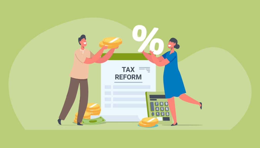 Comprehensive Tax Reform Wallpaper: Animated Characters & Finance Symbols