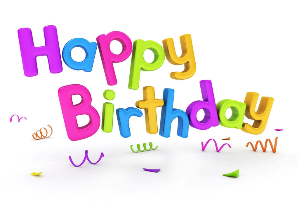 Happy Birthday wallpaper with vibrant 3D colorful bubble letters and festive confetti background