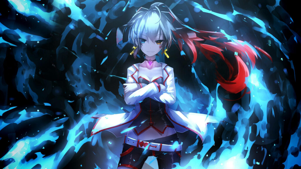 Confident Anime Girl Amid Glowing Blue Flames - Dynamic Wallpaper
