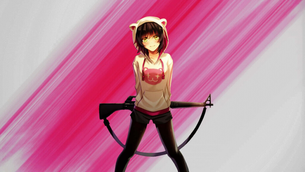 Confident Anime Girl in Hoodie with Rifle - Vibrant Wallpaper Background