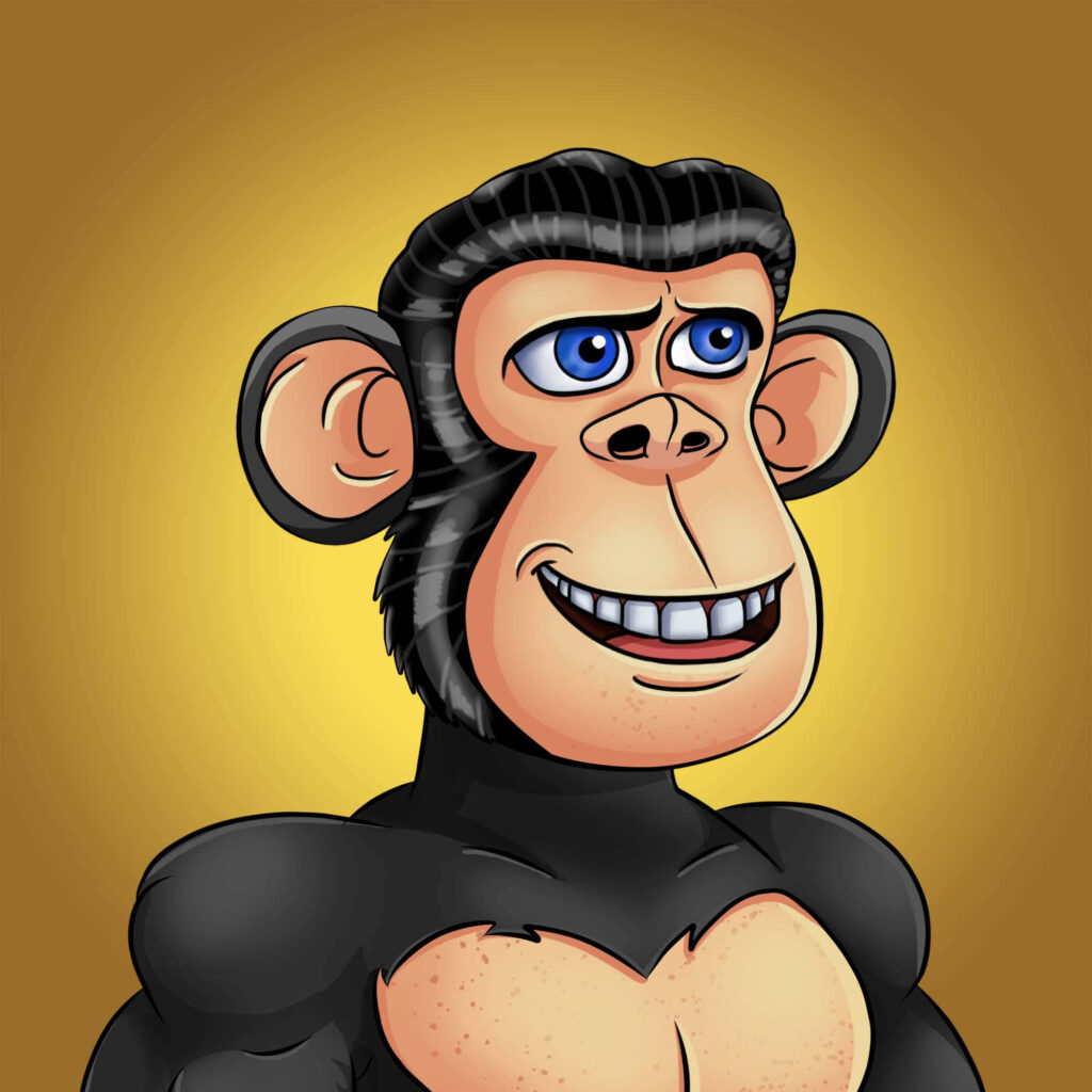 Confident Cartoon Ape Wallpaper: Striking Blue Eyes on Warm Yellow