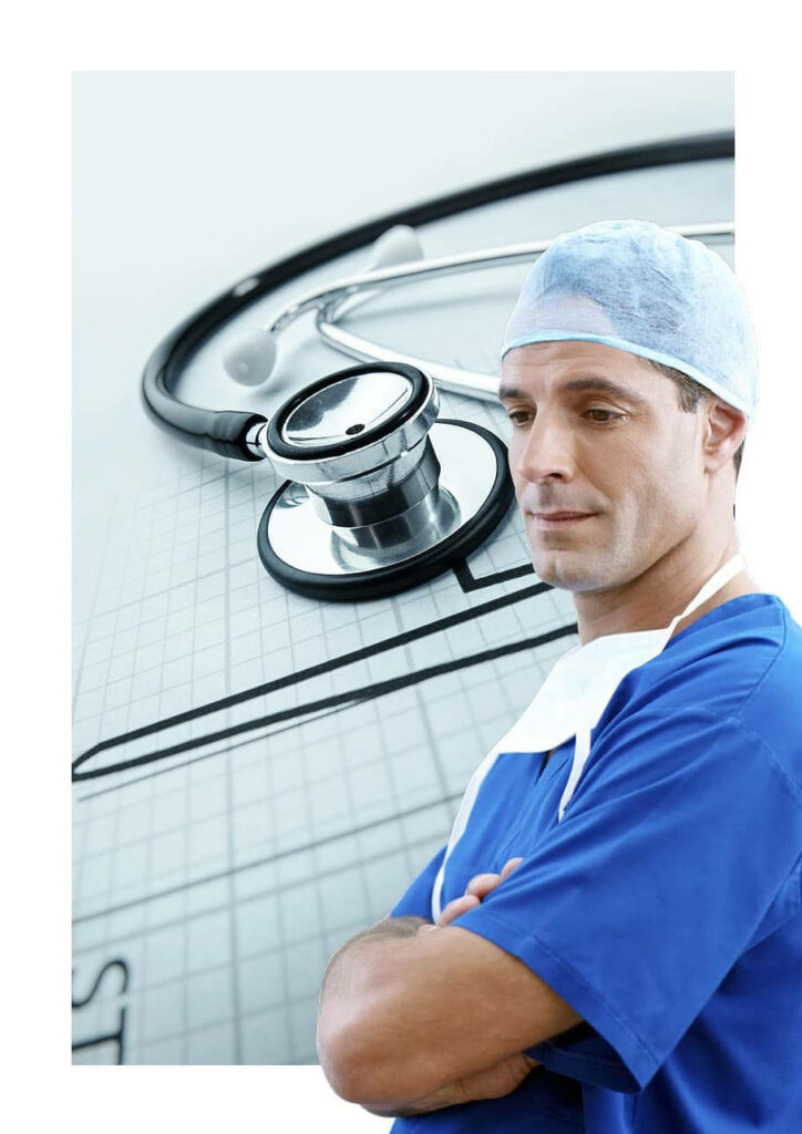 Professional doctor in blue scrubs with surgical cap standing confidently healthcare background Wallpaper