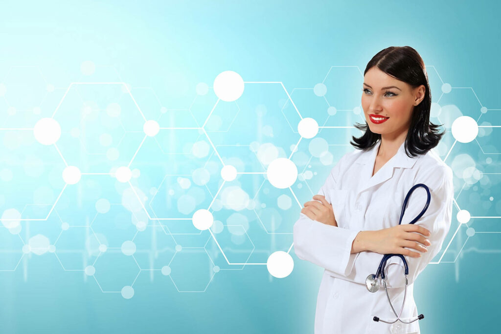 Confident female doctor in white coat with stethoscope and modern blue medical background Wallpaper