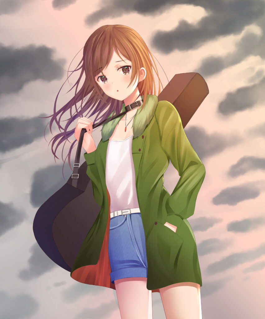 Confident Girl with Guitar Case | Epic Anime Wallpaper Background