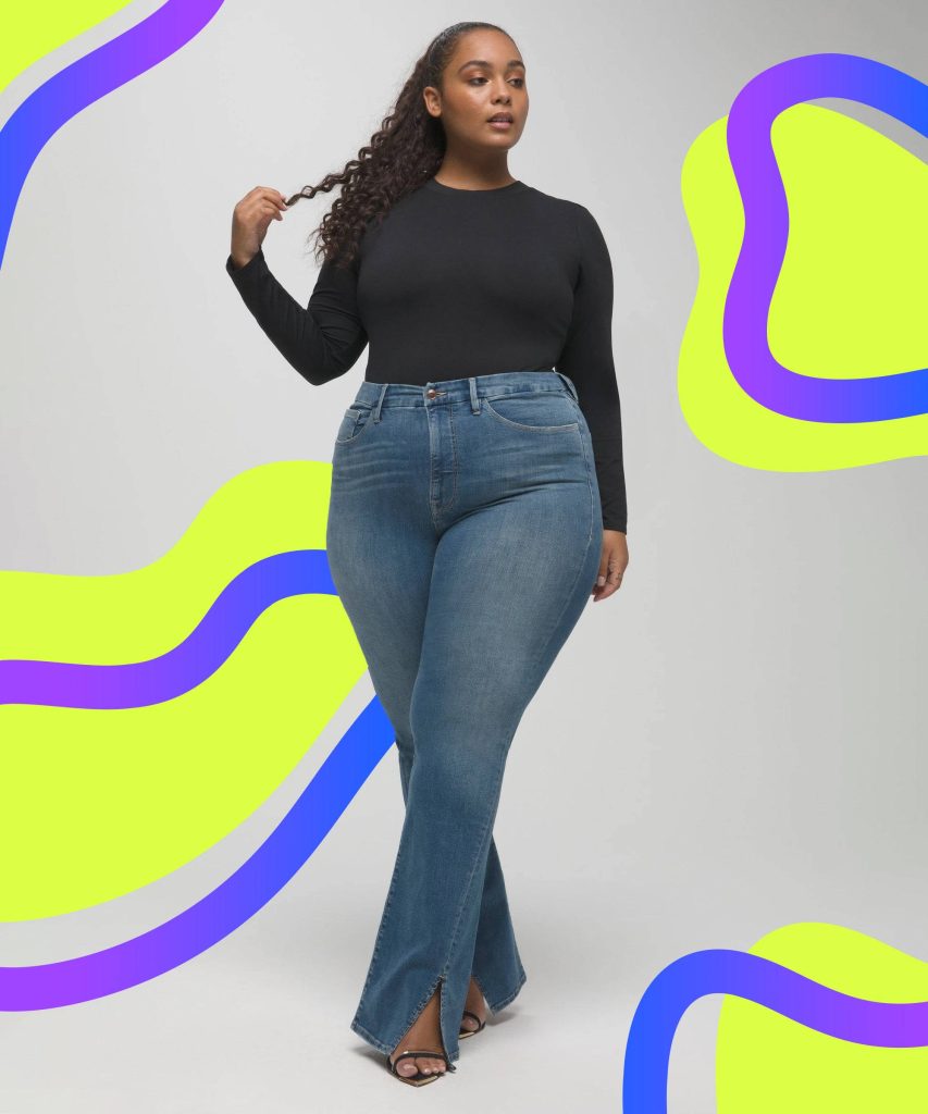 Confident plus-size Black woman in black top and flared jeans with vibrant abstract wallpaper