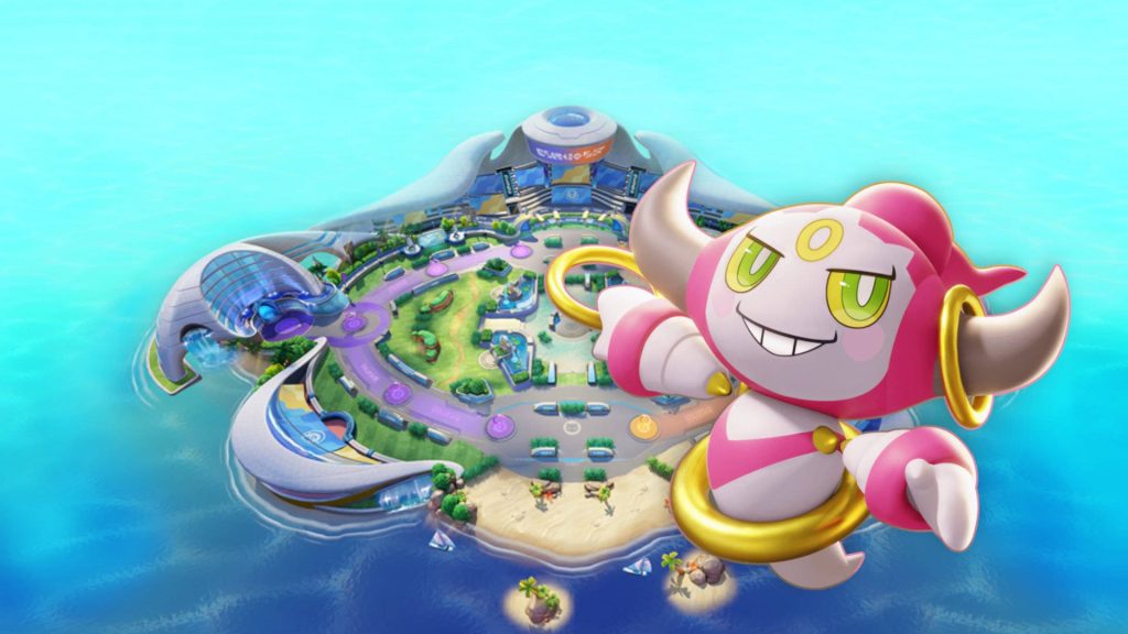 Confined Hoopa floating near futuristic Remoat Stadium vibrant 3D Pokémon Unite wallpaper background