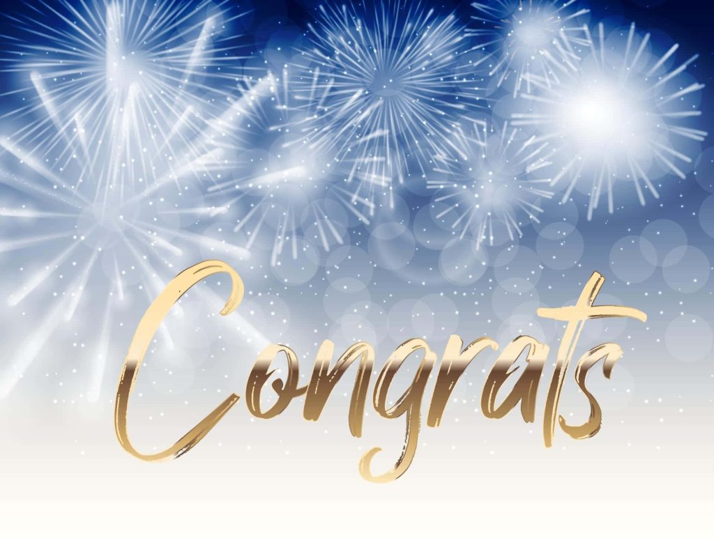 Congrats in gold script with white fireworks on blue to white gradient background wallpaper