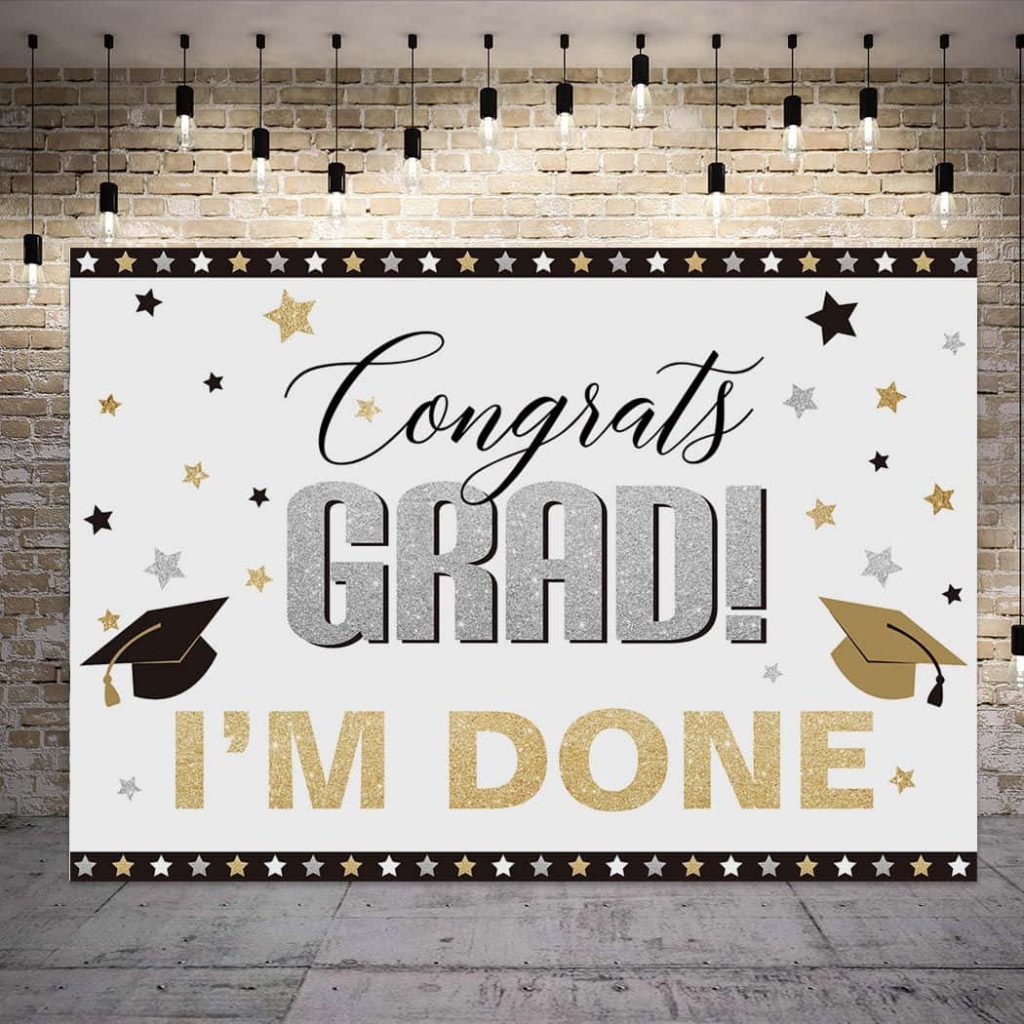 Congrats Grad I’m Done backdrop with silver gold glitter caps and stars on white background Wallpaper