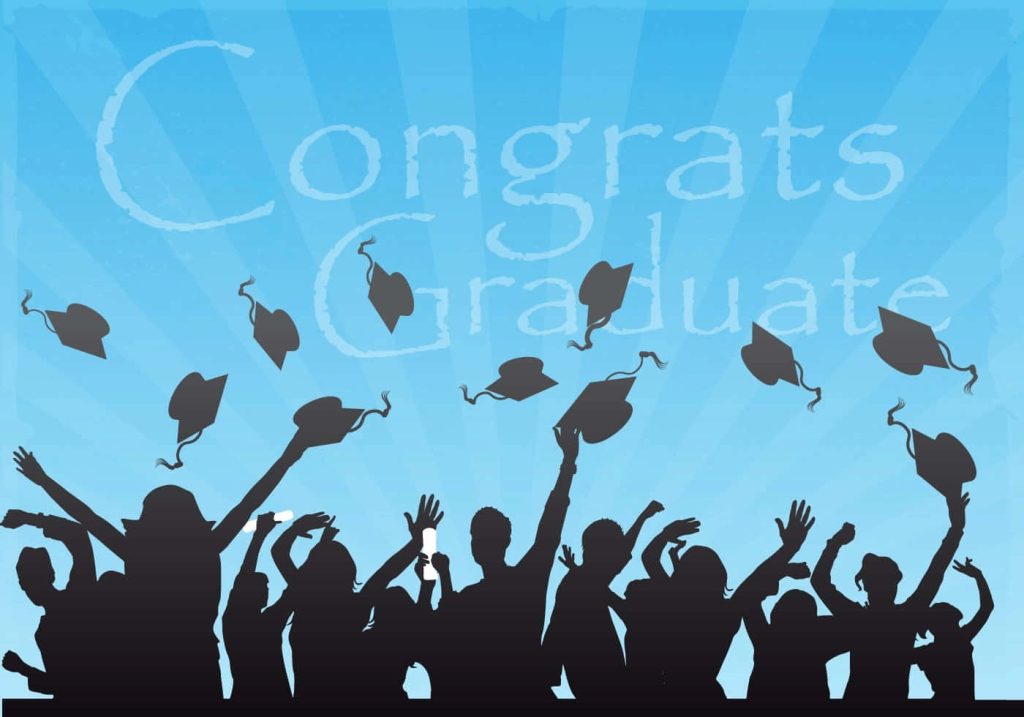 Graduation celebration with crowd tossing mortarboards blue sunburst background Congrats Graduate text Wallpaper
