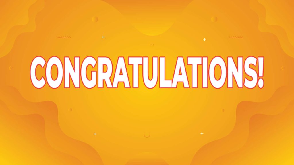 Bright orange congratulations banner with bold white text and wavy abstract shapes background Wallpaper