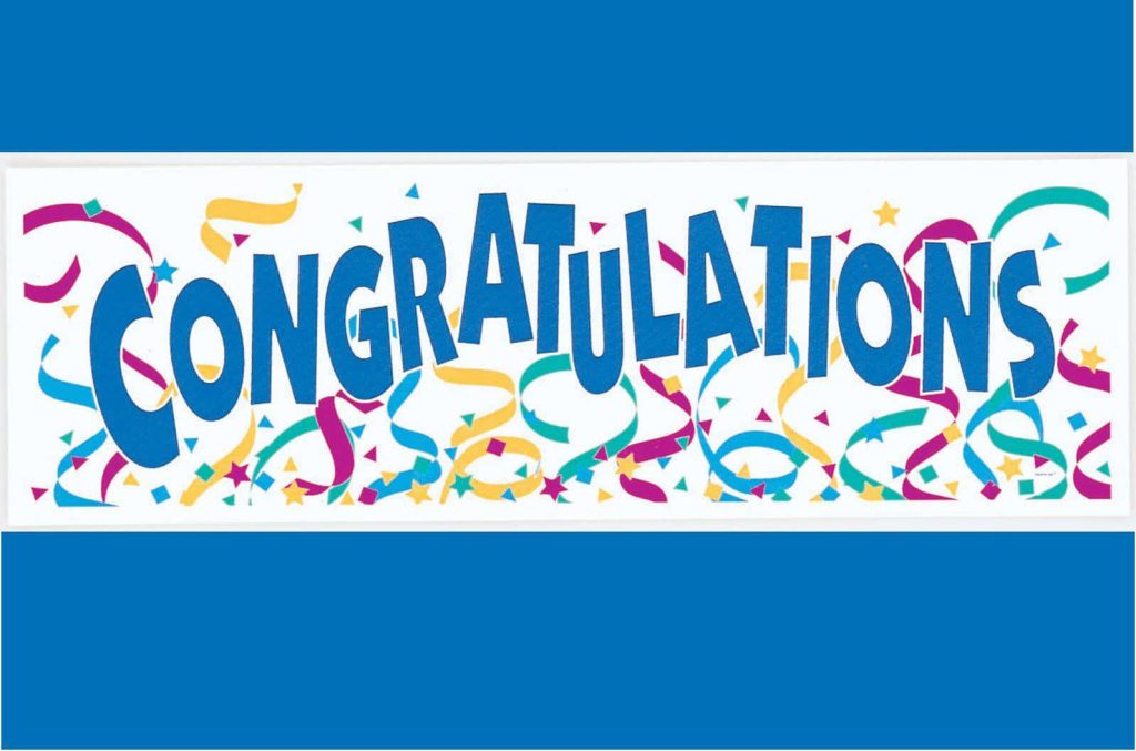 Congratulations banner with bold blue text colorful confetti stars streamers on white background Wallpaper