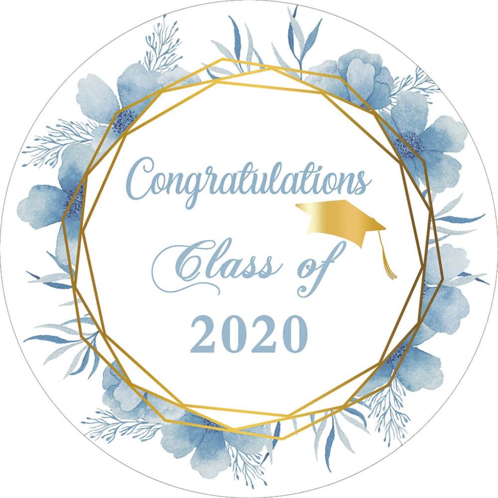 Congratulations Class of 2020 digital illustration gold geometric frame graduation cap blue floral Wallpaper