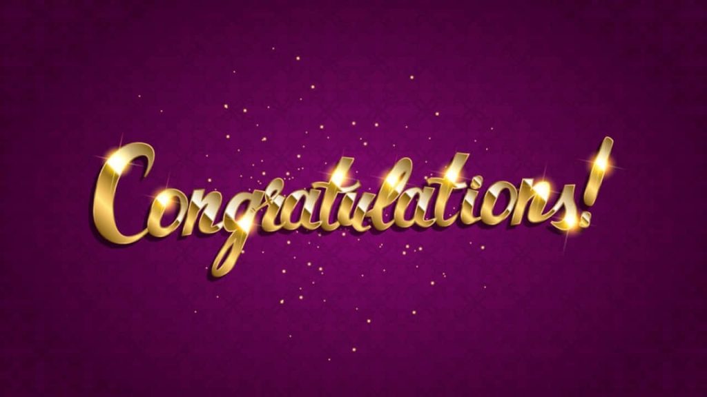 Congratulations wallpaper with gold metallic script and sparkling glitter on royal purple background