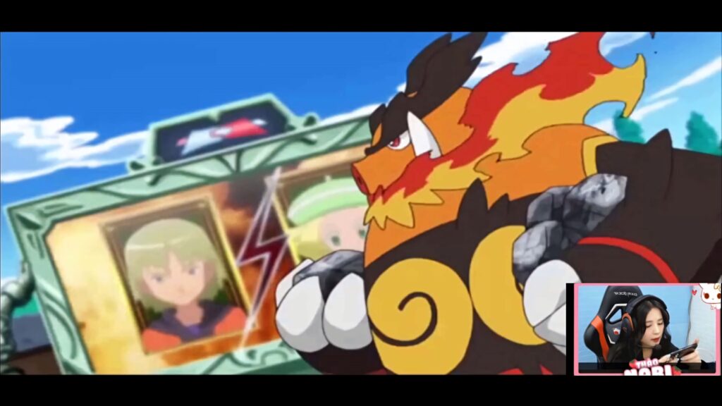 Dynamic anime wallpaper of Battle Conkeldurr vs Emboar fiery power vibrant stadium background