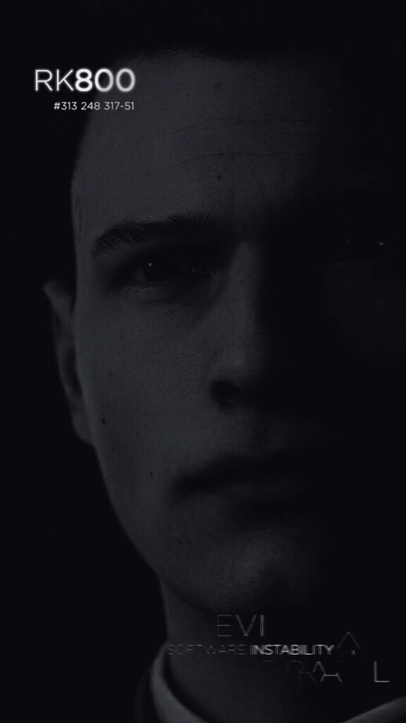 Dark moody portrait of Connor Detroit Become Human AI with interface text and detailed face Wallpaper