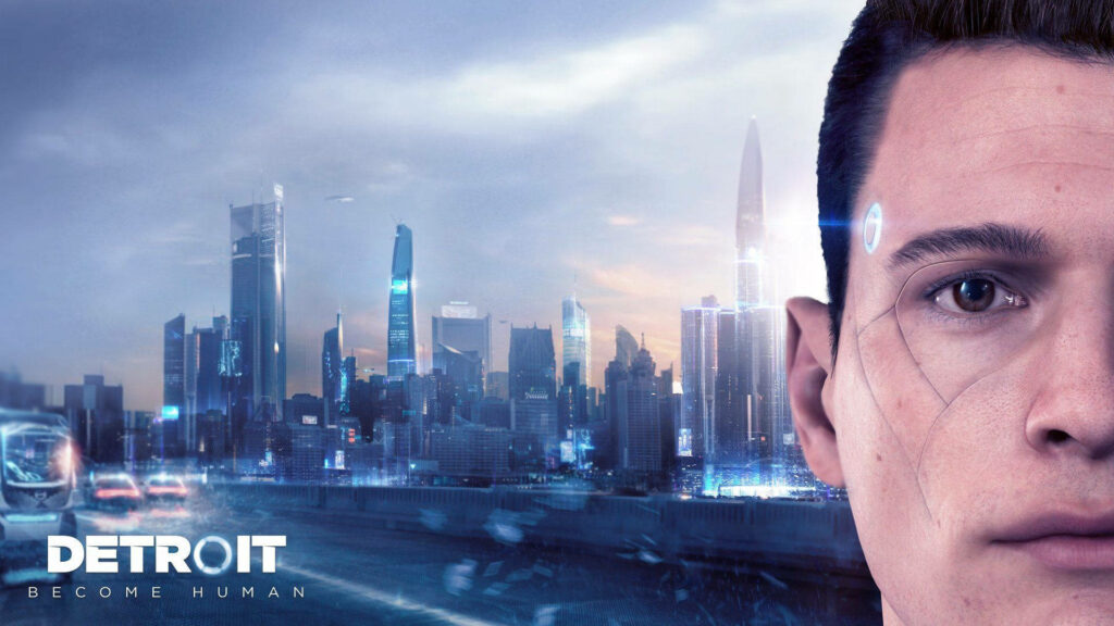 Half-face portrait of Connor from Detroit Become Human with futuristic cityscape background Wallpaper