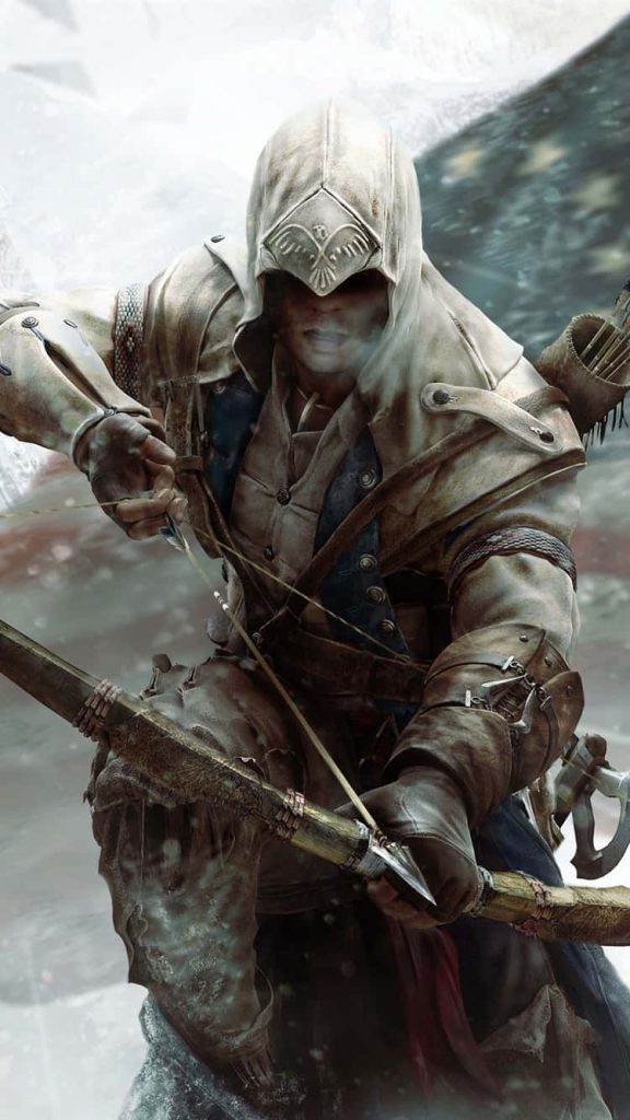 Connor Kenway Assassin's Creed III iPhone wallpaper drawing bow snowy winter digital art background