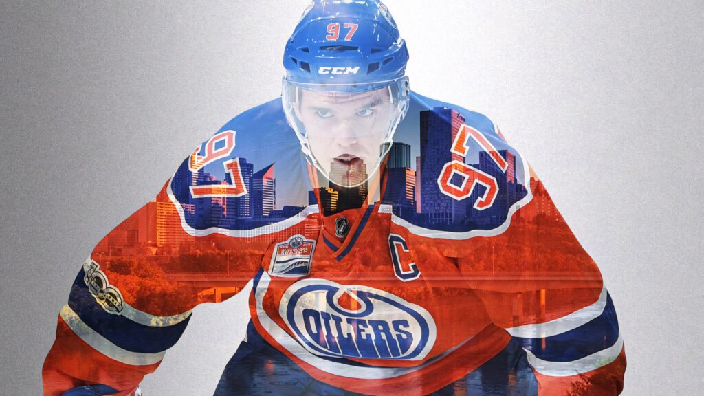 Connor McDavid Edmonton Oilers wallpaper double exposure cityscape orange blue hockey player