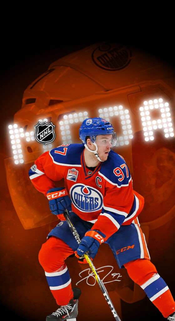 Connor McDavid Edmonton Oilers action shot in orange blue jersey with NHL graphics background Wallpaper