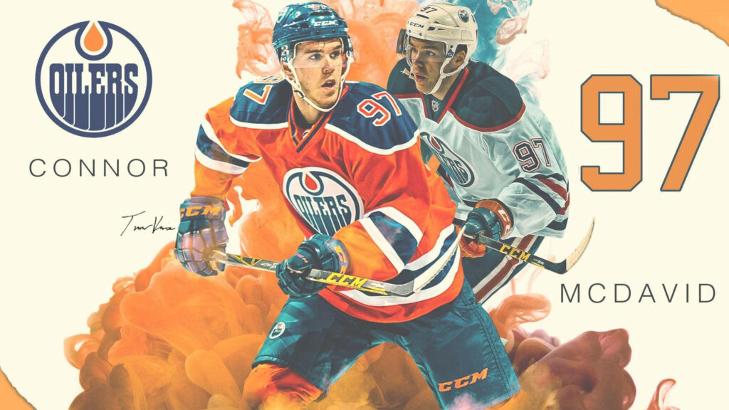Connor McDavid Edmonton Oilers dynamic wallpaper with bold orange blue and number 97 action shot