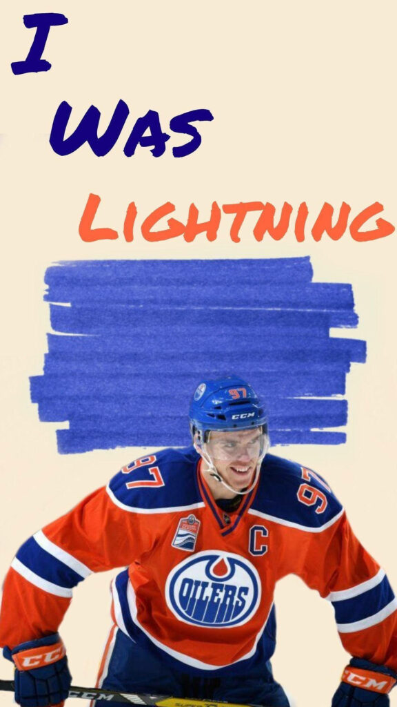 Digital art of NHL star Connor McDavid in Edmonton Oilers uniform with blue orange accents Wallpaper