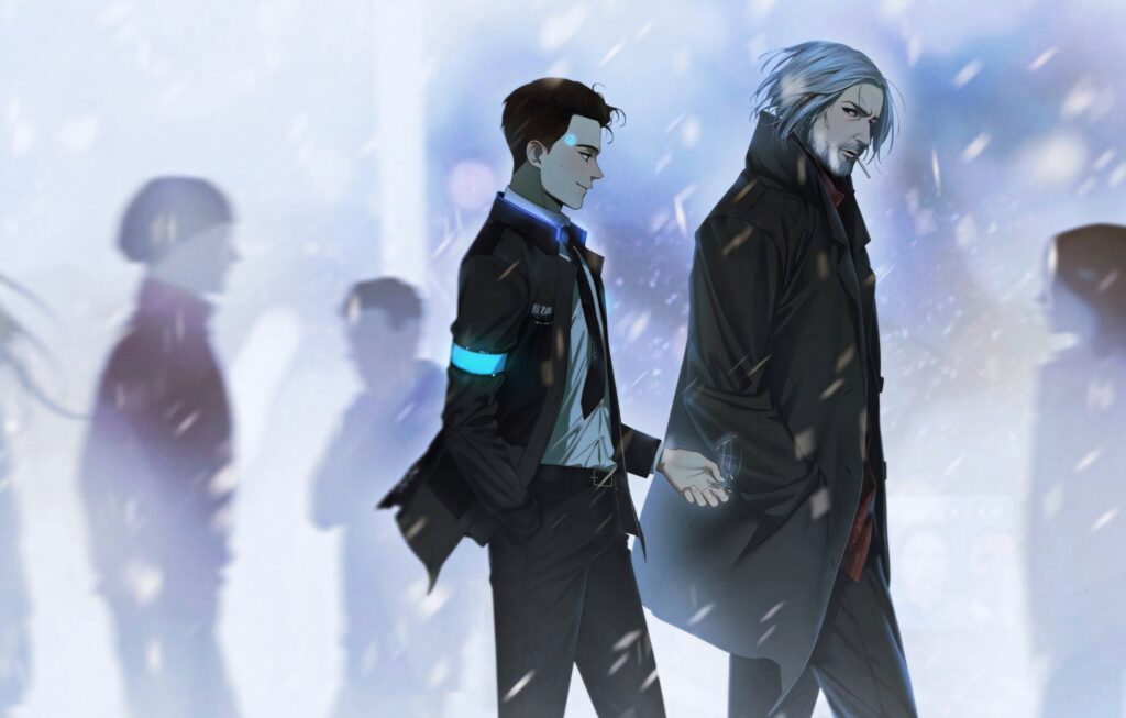 Connor and Hank Anderson walking hand in hand in snowy Detroit Become Human anime cityscape wallpaper