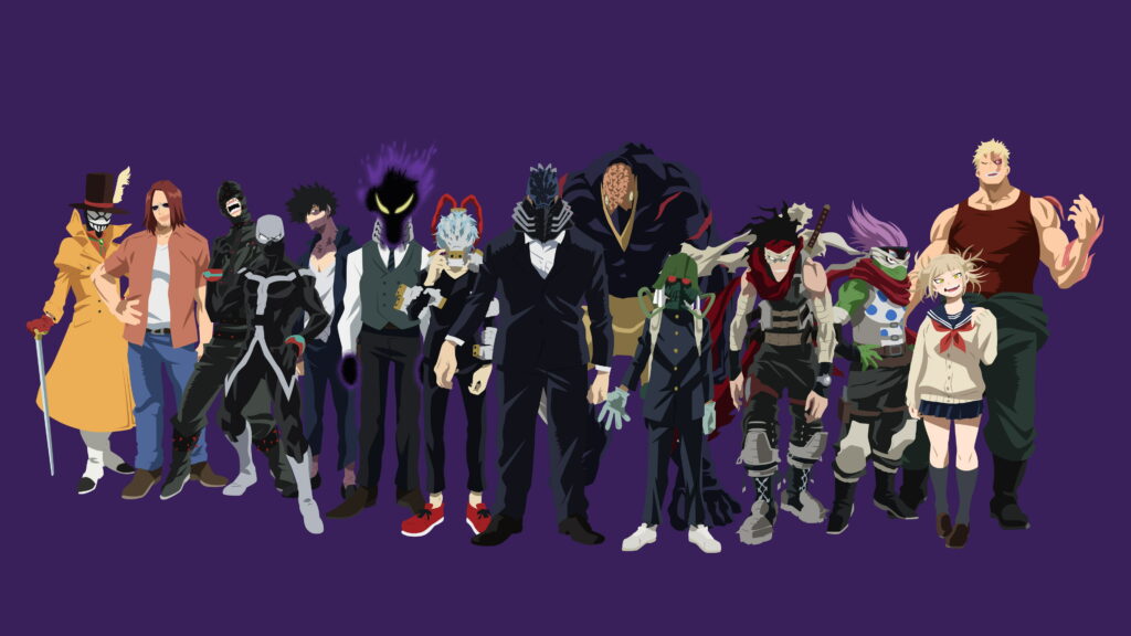 League of Villains anime wallpaper with Shigaraki Tomura Dabi Himiko Toga All For One purple background