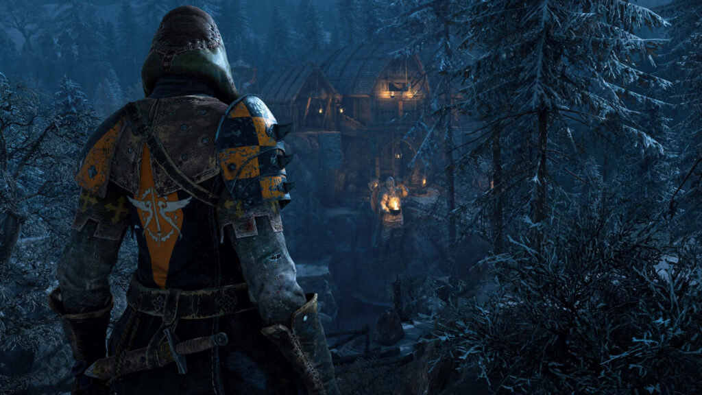 Warrior in medieval armor gazes upon snow-covered fortress in For Honor game background Wallpaper